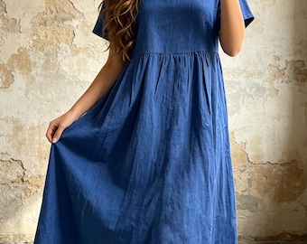 Boho-Kleid aus Leinen und Baumwolle, Vintage-Maxikleid mit V-Ausschnitt und kurzen Ärmeln, einfarbiges, hochtailliertes, fließendes Kleid, lässiges Sommerkleid für den Urlaub