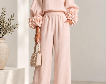 Ensemble élégant composé d'un haut à manches longues et col rond et d'un pantalon ample à jambes larges, haut à motif floral 3D, tenue de villégiature pour femme, tenue d'invitée de mariage