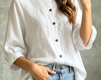 Chemise bohème en pur coton pour femme, manches trois-quarts, style automne, haut minimaliste uni, coupe ample et décontractée, idéale pour les vacances