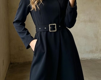 Robe tailleur élégante, robe à manches longues cintrée, robe d'automne à manches longues, robe idéale pour les trajets quotidiens, robe trapèze vintage, robe noire minimaliste