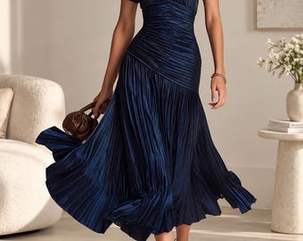 Robe élégante style vintage à col en V, robe chemise longue et fluide, robe d'été à manches courtes, robe de soirée, robe amincissante cintrée à la taille