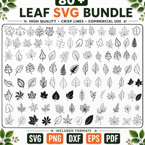 May include: A digital collection of over 80 black and white leaf illustrations in a grid layout. The text reads 80+ LEAF SVG BUNDLE, HIGH QUALITY, CRISP LINES, COMMERCIAL USE, and INCLUDED FORMATS: SVG, PNG, DXF, EPS, PDF, and more.