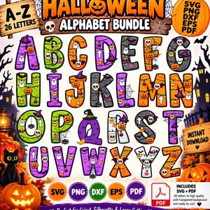 Op de afbeelding: Een digitaal Halloween alfabetpakket met 26 letters versierd met pompoenen, schedels, geesten, spinnenwebben en heksenhoeden. De letters zijn kleurrijk en voorzien van feestelijke iconen. De tekst luidt Halloween Alphabet Bundle.