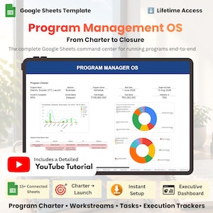 May include: A digital Google Sheets template titled Program Management OS, featuring a dashboard with a program charter, project status, budget tracking, and two colorful pie charts. The interface includes sections for tasks, workstreams, and execution trackers, with text indicating a YouTube tutorial is included.
