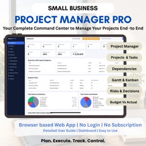 Project Manager Pro Web-App für Kleinunternehmen, Gantt-Diagramm, Aufgabenabhängigkeiten, Risikoregister, Budgetverfolgung, Offline-Browser-HTML-Datei