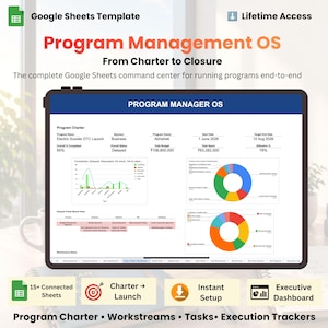 Puede incluir: Una plantilla digital de gestión de programas en Google Sheets mostrada en una tableta. La interfaz incluye una carta de programa, métricas de estado, gráficos circulares y seguimiento de flujos de trabajo. Texto: Program Manager OS y Charter to Closure.