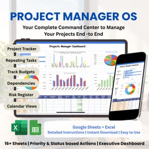 May include: A digital project management dashboard displayed on a tablet and smartphone screen. The interface features charts, graphs, and data tables labeled Project Manager OS, Project Tracker, Repeating Tasks, Track Budgets, and Risk Register.