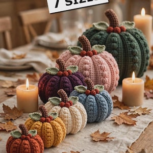 Puede incluir: Una colección de siete calabazas de ganchillo en varios colores, incluyendo verde oscuro, rosa, morado, azul, crema, amarillo y naranja. Cada calabaza presenta un tallo marrón, hojas verdes y pequeñas bayas rojas. El texto 7 SIZES es visible.