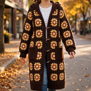 May include: A long, dark brown hooded cardigan made of crocheted granny squares featuring yellow and orange floral patterns. The garment includes two large front pockets, ribbed cuffs, a ribbed hem, and three wooden toggle closures down the front.