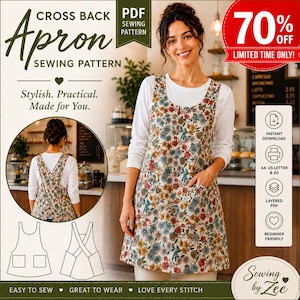 May include: A cross back apron sewing pattern featuring a floral print with blue, red, and yellow flowers on a cream background. The digital file includes instructions for an apron with two front pockets, shown on a person and in line drawings.