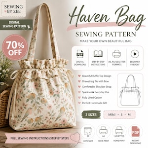 以下が含まれることがあります： Haven Bagのデジタル型紙。クリーム色のトートバッグに花と鳥のプリント、フリル付きのトップ、引き紐が特徴です。画像にはPDFダウンロード、ステップバイステップの説明、3つのサイズに関するテキスト情報が含まれています。