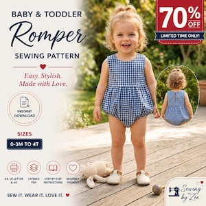 May include: A sewing pattern for a baby and toddler romper featuring a blue and white gingham print. The pattern includes sizes 0-3M to 4T, instant download, layered PDF, and step-by-step instructions. The text reads Baby & Toddler Romper Sewing Pattern.