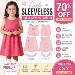 May include: A digital sewing pattern for a sleeveless dress, featuring a pink dress with a black swirl pattern, technical diagrams of bodice and skirt pieces, and text including Girls Sleeveless Dress Sewing Pattern, 70% Off, and Size 1-8 Years.