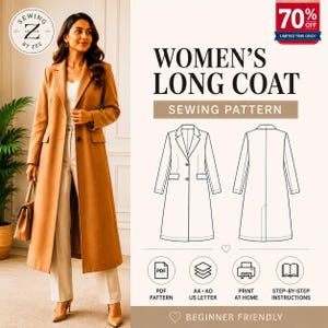 May include: A digital sewing pattern for a long coat, featuring a tan coat worn over white trousers, with technical line drawings of the front and back of the coat, PDF icons, and text including "WOMEN'S LONG COAT SEWING PATTERN" and "BEGINNER FRIENDLY".