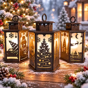 May include: Three hexagonal dark brown wooden lanterns with cut-out designs including a Christmas tree, a snowman, and a sleigh. Each lantern features a top ring handle and emits a warm internal glow through translucent panels.