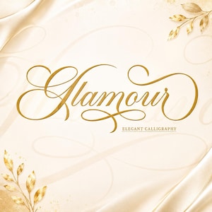 以下が含まれることがあります： クリーム色の背景の中央に金色の筆記体でGlamourと書かれたグラフィックデザイン。四隅には金色の葉のアクセントがあり、メインの単語の下にはELEGANT CALLIGRAPHYというテキストが小さな金色の大文字で印刷されています。
