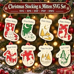 Peut inclure: Un ensemble de fichiers numériques intitulé Christmas Stocking & Mitten SVG Set comprenant huit ornements de style découpe laser. Quatre chaussettes et quatre moufles présentent des scènes de fêtes avec arbres, rennes et église.
