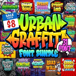 Pode incluir: Uma coleção digital de 31 fontes em estilo grafite intitulada Urban Graffiti Font Bundle. O texto central é exibido em um gradiente de amarelo para vermelho com um contorno azul espesso, cercado por vários exemplos de fontes.