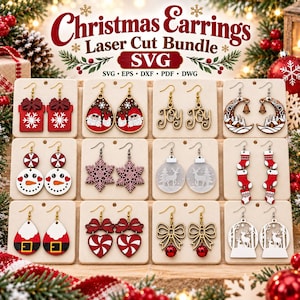 May include: A collection of twelve pairs of Christmas-themed earrings displayed on individual cards. The designs include Santa Claus, snowmen, snowflakes, reindeer, stockings, bows, and bells in red, white, and natural wood tones with gold hooks.