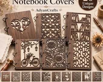 May include: A collection of laser-cut wooden notebook covers featuring 20 unique designs. The dark wood covers display intricate patterns including hearts, sunflowers, bicycles, and bookshelves, held together by metal rings on the side.