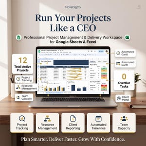 Projektmanagement-Tabellenkalkulation (Google Sheets & Excel) | Automatisiertes Gantt-Diagramm | Aufgabenverfolgung | Teamkapazitäts-Dashboard | Geschäftsvorlage