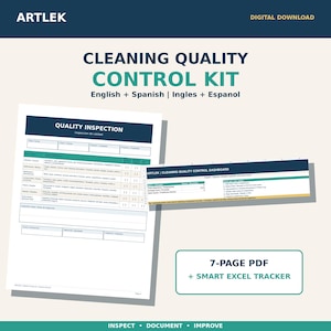 May include: A digital cleaning quality control kit featuring a 7-page PDF and smart Excel tracker. The document includes a quality inspection form with columns for date, client, cleaner, and property, plus a cleaning quality control dashboard.