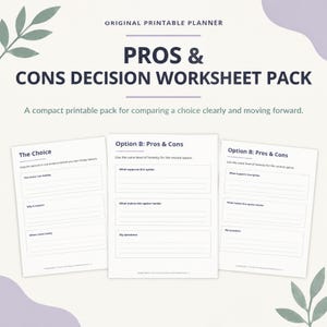 Pros and Cons Decision Worksheets PDF Pack, A4 and US Letter