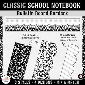 Può includere: Bordi per bacheca Classic School Notebook con motivi di quaderni a composizione in bianco e nero. Include bordi da 3 pollici per carta da 21,6x27,9 cm e bordi smerlati da 2 pollici. Il set offre 3 stili e 4 design per le bacheche.