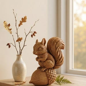 May include: A light brown wooden squirrel figurine perched atop a large carved wooden acorn. Beside it stands a small, speckled cream-coloured ceramic vase containing a thin, bare branch with a few dried oak leaves and small brown berries.
