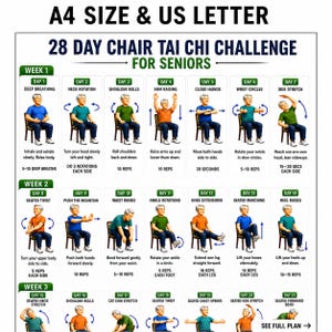 May include: A white informational poster titled 28 Day Chair Tai Chi Challenge for Seniors, featuring A4 and US Letter size text. It displays a grid of illustrated exercises for weeks one through three, showing a person in a chair performing movements.