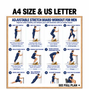 Może przedstawiać: Biały plakat instruktażowy zatytułowany ADJUSTABLE STRETCH BOARD WORKOUT FOR MEN z dwunastoma ponumerowanymi ilustracjami ćwiczeń z użyciem żółtej deski skośnej. Tekst zawiera A4 SIZE & US LETTER oraz SEE FULL PLAN na dole.