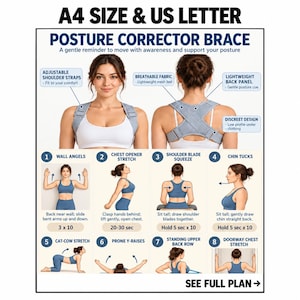 May include: A gray posture corrector brace with adjustable shoulder straps, breathable fabric, and a lightweight back panel. The image includes text labels and an eight-step exercise guide titled A4 SIZE & US LETTER POSTURE CORRECTOR BRACE.