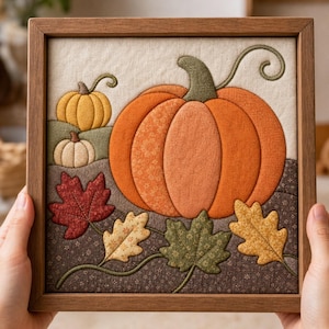 May include: A square framed fabric wall art piece featuring a large orange pumpkin, two smaller pumpkins in yellow and cream, and four autumn leaves in red, cream, green, and gold. The design uses quilted fabric textures in a wooden frame.