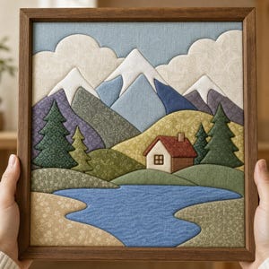 May include: A fabric wall art piece in a dark wood frame featuring a layered textile landscape. The scene depicts a blue lake, green rolling hills, evergreen trees, a small brown cabin, and snow-capped mountains under a light blue sky.