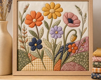 May include: A square fabric wall art piece in a light wood frame featuring a quilted floral design. The scene displays various flowers in orange, yellow, pink, purple, and blue, set against a background of patchwork fabric hills.