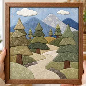 May include: A square fabric wall art piece in a brown wooden frame featuring a layered landscape scene. The design includes green pine trees, rolling hills, a winding path, and blue mountains under a light blue sky with white clouds.