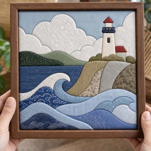 Könnte beinhalten: Ein quadratisches Wandbild aus Stoff in einem dunklen Holzrahmen, das einen Leuchtturm auf einer Klippe über einem blauen Ozean mit stilisierten Wellen und weißen Wolken zeigt. Die Szene besteht aus verschiedenen strukturierten Stoffstücken.