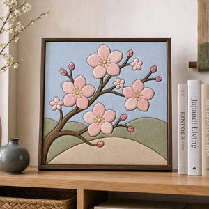 May include: A square framed wall art piece featuring a raised, three-dimensional depiction of a cherry blossom branch with light pink flowers and buds against a light blue sky, set above rolling green and beige hills in a fabric-like texture.