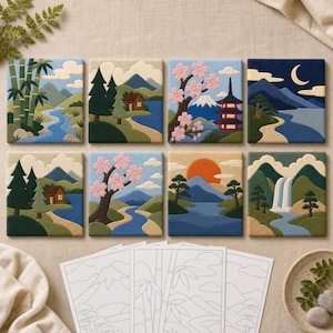 May include: A set of eight square felt landscape art pieces featuring scenes of bamboo, mountains, cabins, cherry blossoms, pagodas, moons, sunsets, and waterfalls, accompanied by three white paper line art templates for coloring or tracing.