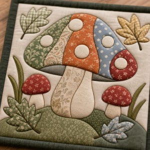 May include: A square fabric wall hanging featuring a large central mushroom with a multi-coloured patchwork cap in green, orange, and blue, surrounded by two smaller red mushrooms, green grass, and four patterned autumn leaves on a cream background.