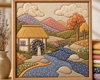 May include: A square fabric wall art piece in a light wood frame featuring a quilted landscape scene. The design includes a watermill house, a flowing blue river, a wooden bridge, rolling hills, and trees, all crafted from various floral and patterned fabrics.