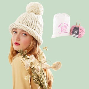 May include: A DIY kit for beginners featuring a cream-colored knit hat with a pom-pom, a bag of yarn, and a pink ball of yarn. The words "DIY KIT" and "ABSOLUTE BEGINNER" are displayed in the image.