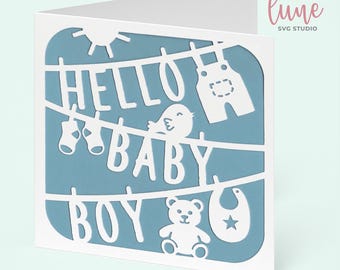New Baby Card SVG, Baby Shower Card SVG, Cricut Baby Card Template, Baby Boy Girl SVG, Washing Line Card, Newborn Papercut Cut File