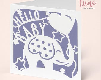 Hallo Baby SVG, Babykarte SVG, Karte zur Geburt, Elefant SVG, Papierschnitt-Kartenvorlage, Cricut-Babykarte