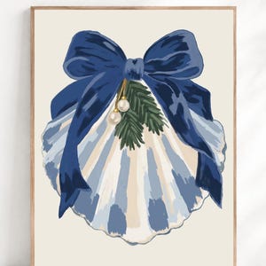 Coastal Christmas Seashell Wall Art, Navy Bow Scallop Shell Holiday Print, Blue White Printable
