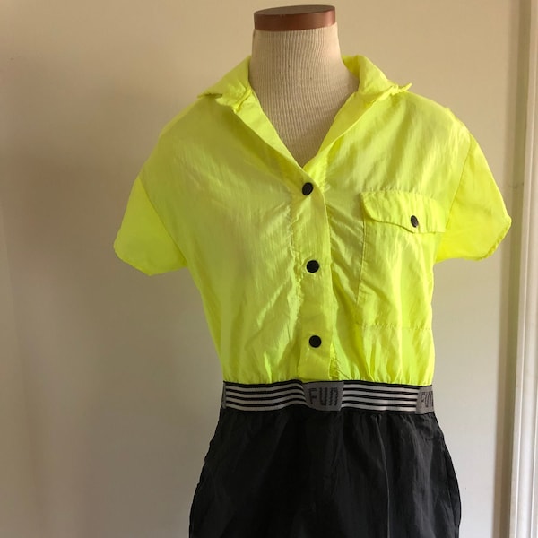 SALE 30% SALE 80er Neon Gelb und Schwarz Union Label Fun Strampler