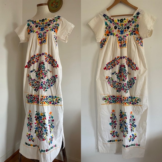 Vintage White Cotton Gauze Colorful Mexican Flora… - image 1