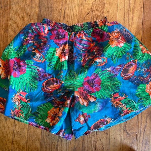 90er Jahre Tropical Fish High Rise Elastischer Bund Shorts M L