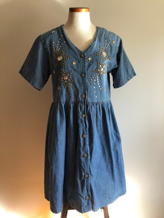Vintage 80's 90's Bedazzled Star Denim Dress by Ma