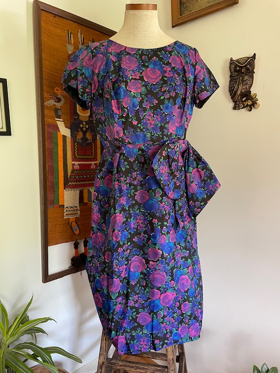 60's Dark Floral Silk Wiggle Dress with Statement 